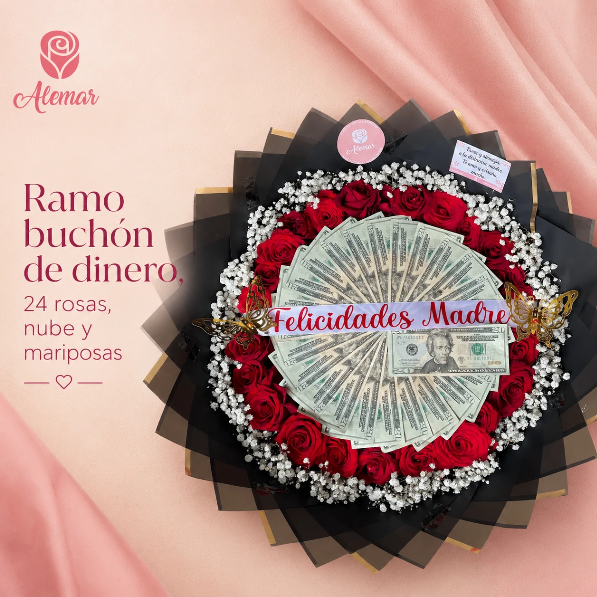 Ramo buchón de dinero, rosas y nube - imagen 1