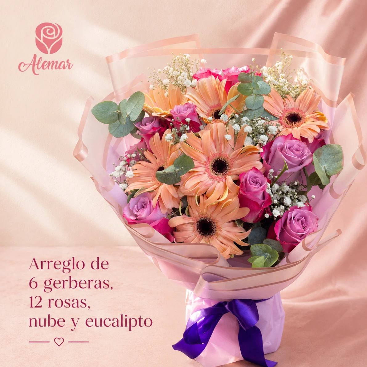 Arreglo de gerberas y rosas moradas - imagen 1