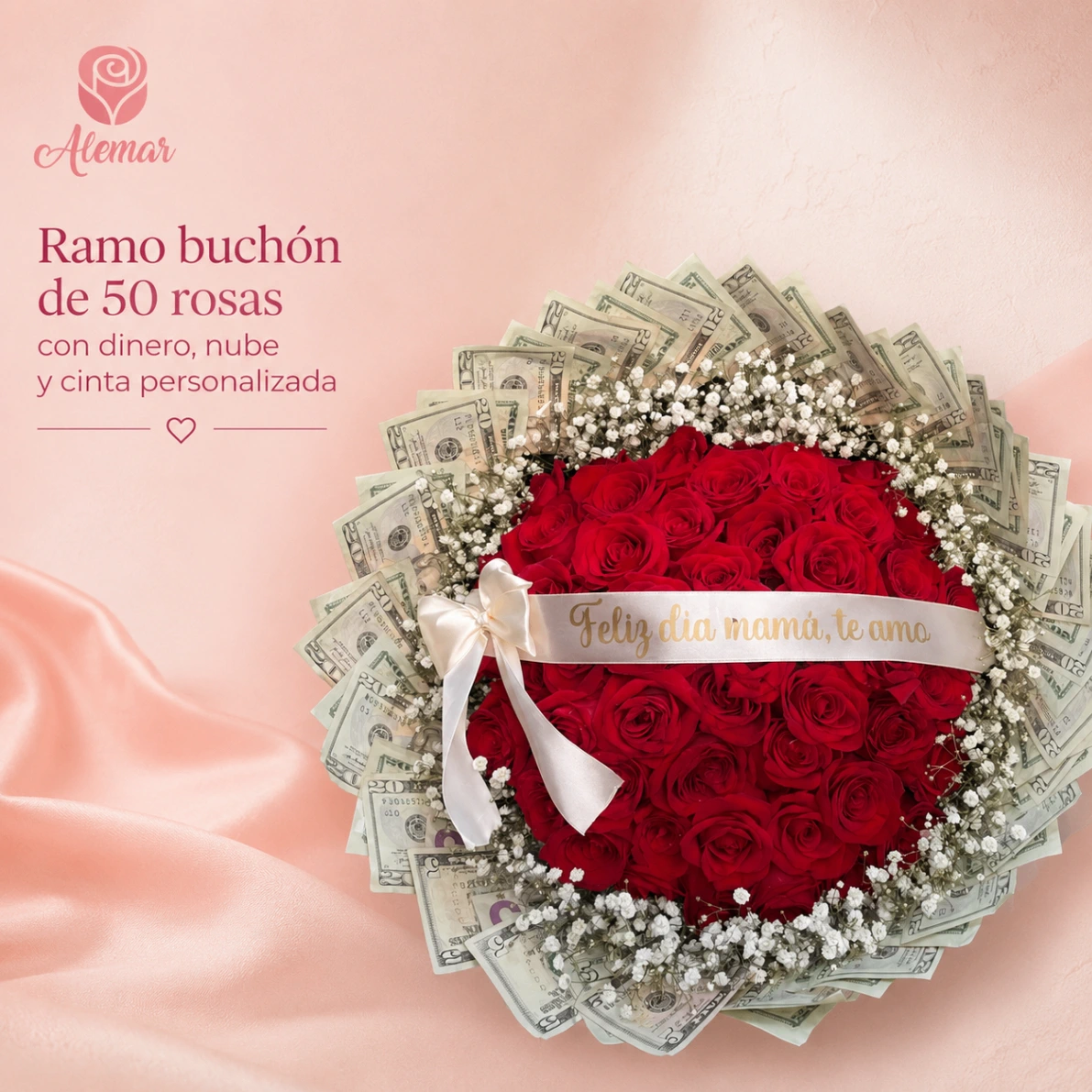 Ramo buchón de 50 rosas con dinero - imagen 1